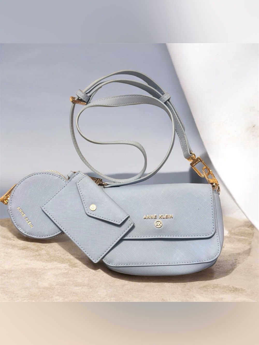 Anne Klein 3pc Baby Blue Crossbody Bag with Card Holder and Coin Pouch - Picture 7 of 7